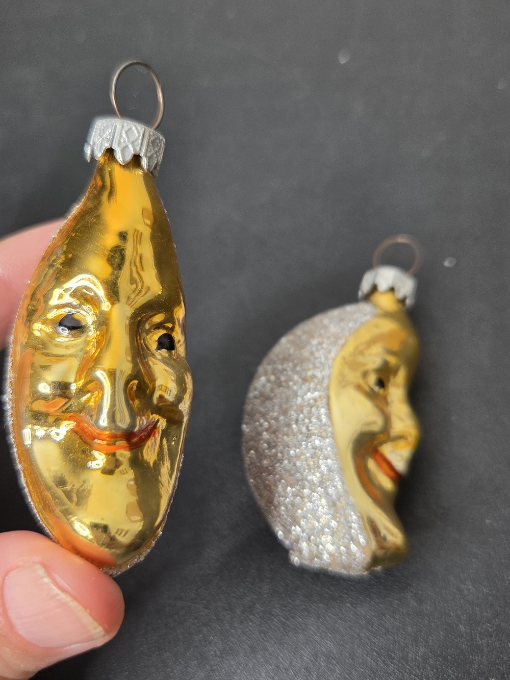 Vintage West Germany Gold Crescent Moon Face Holiday Ornament - 2